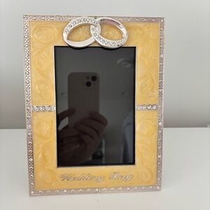 Vintage wedding themed photo picture frame enamel silver tone metal & rhinestone